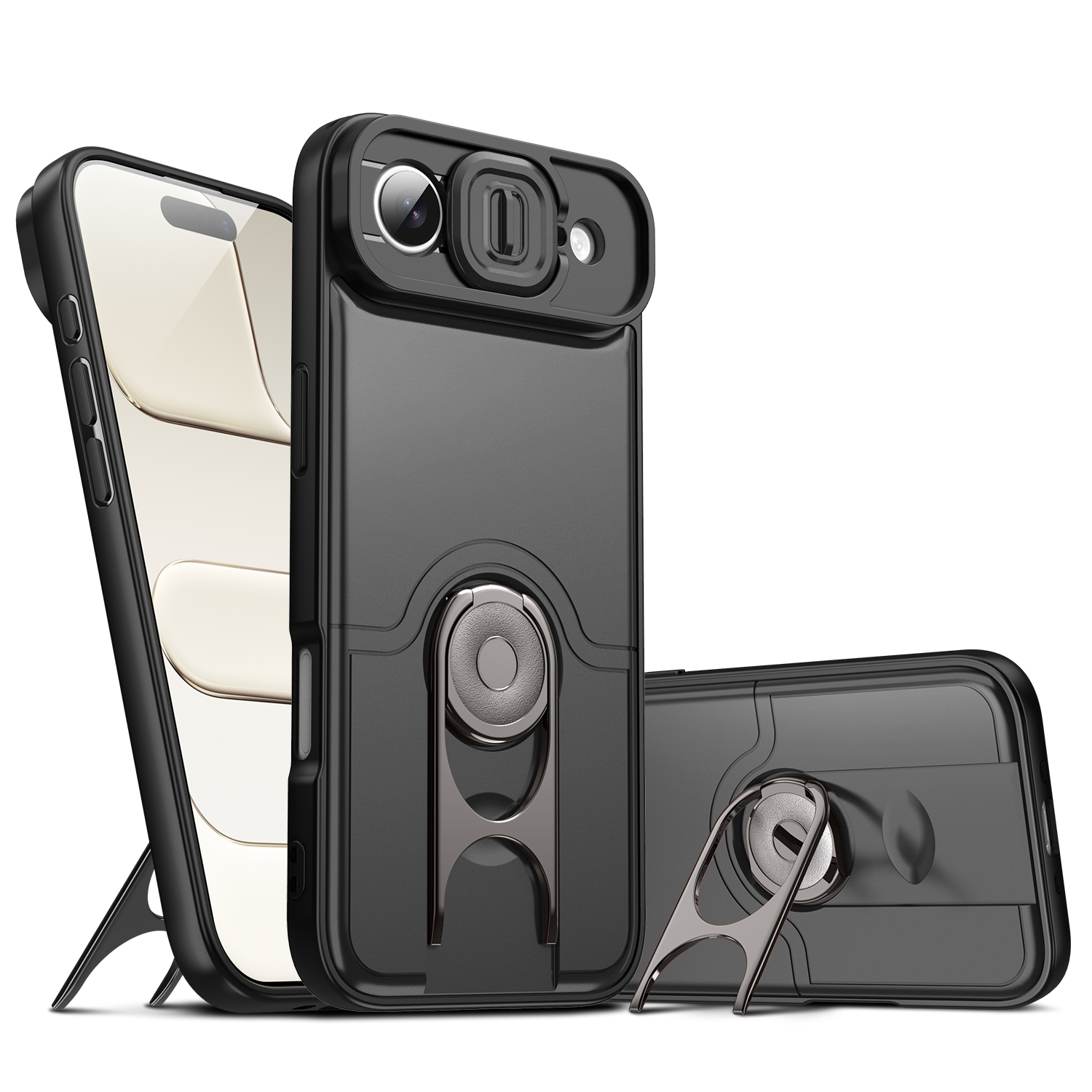 For iPhone Air Case with Slide Camera Cover Kickstand PC + TPU Protective Phone Shell - Black