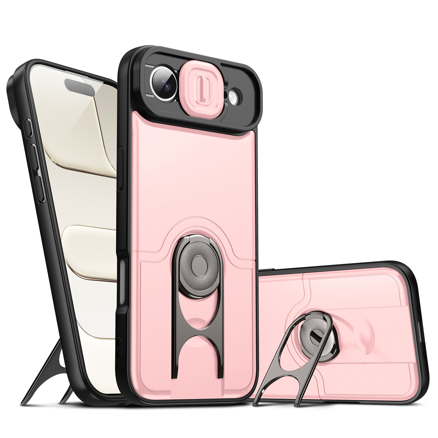 For iPhone Air Case with Slide Camera Cover Kickstand PC + TPU Protective Phone Shell - Pink