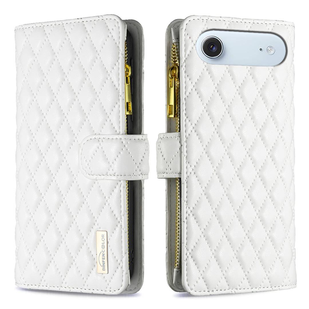 BINFEN COLOR for iPhone Air BF Style-15 Leather Case Zipper Pocket Rhombus Phone Cover - White