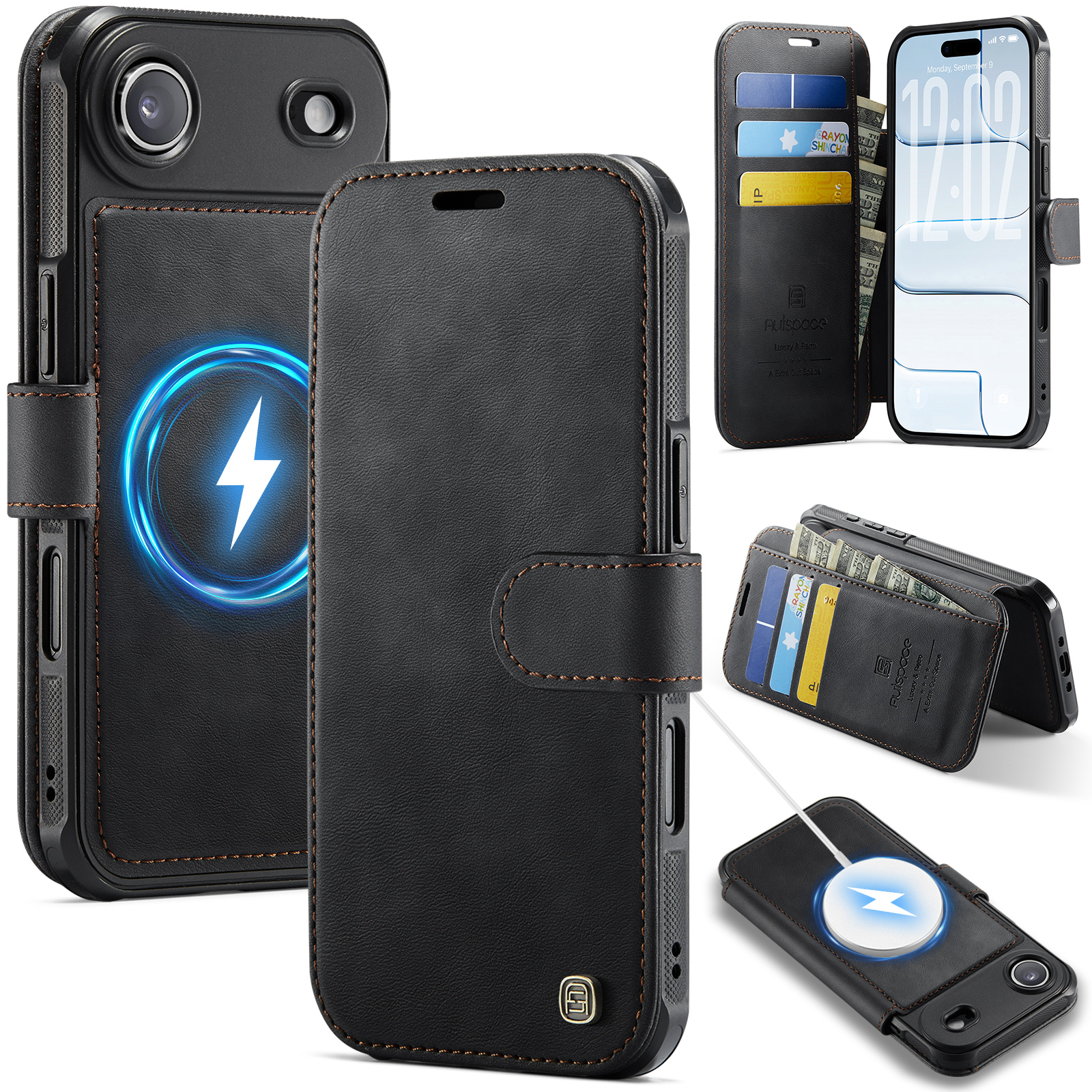 AUTSPACE for iPhone Air A15 Case RFID Blocking Wallet Leather Magnetic Phone Cover - Black