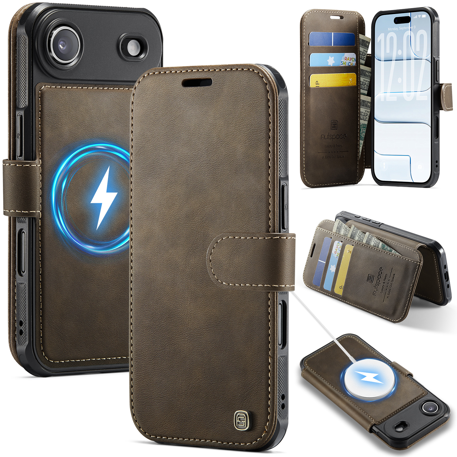 AUTSPACE for iPhone Air A15 Case RFID Blocking Wallet Leather Magnetic Phone Cover - Coffee