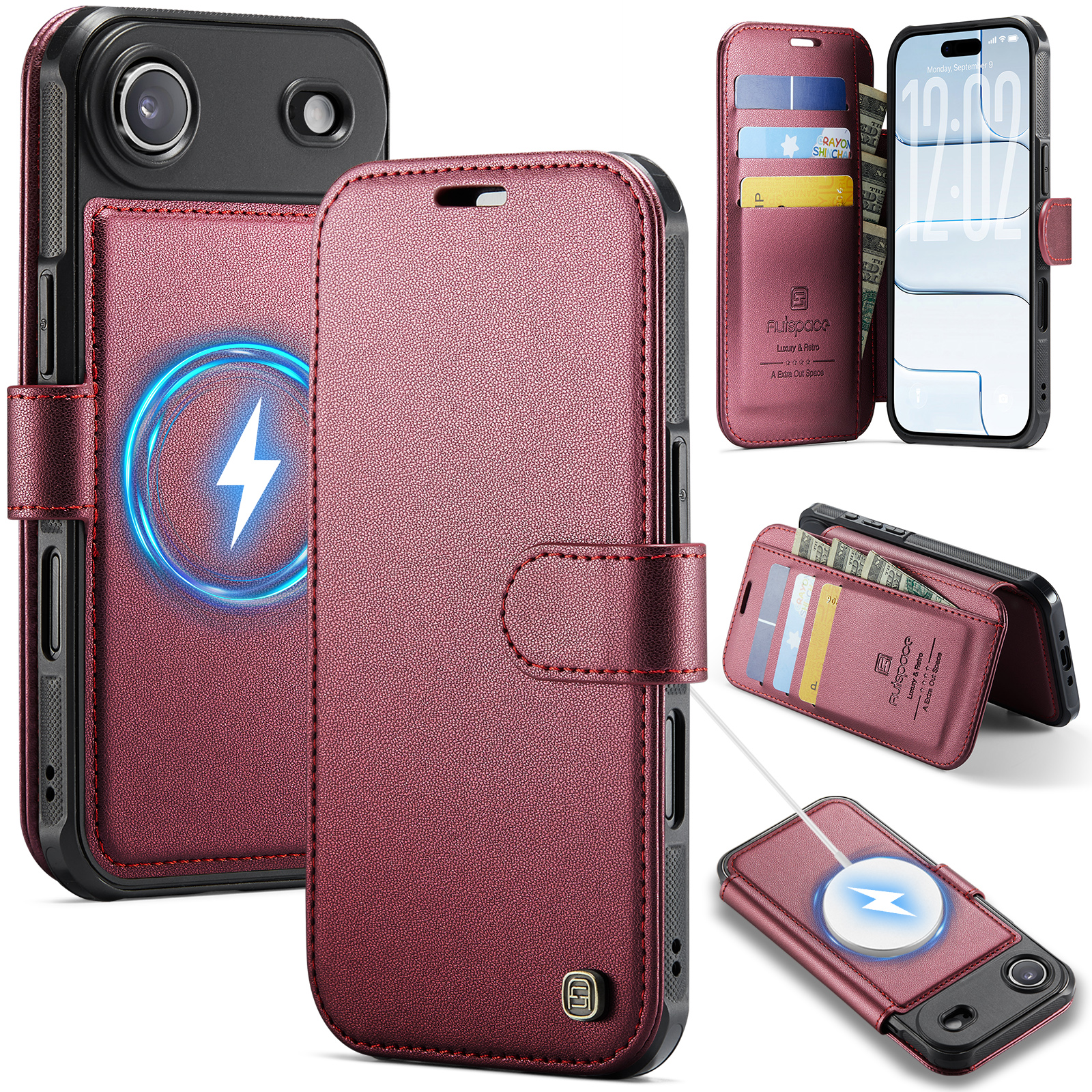 AUTSPACE for iPhone Air A15 Case RFID Blocking Wallet Leather Magnetic Phone Cover - Pearlescent Red