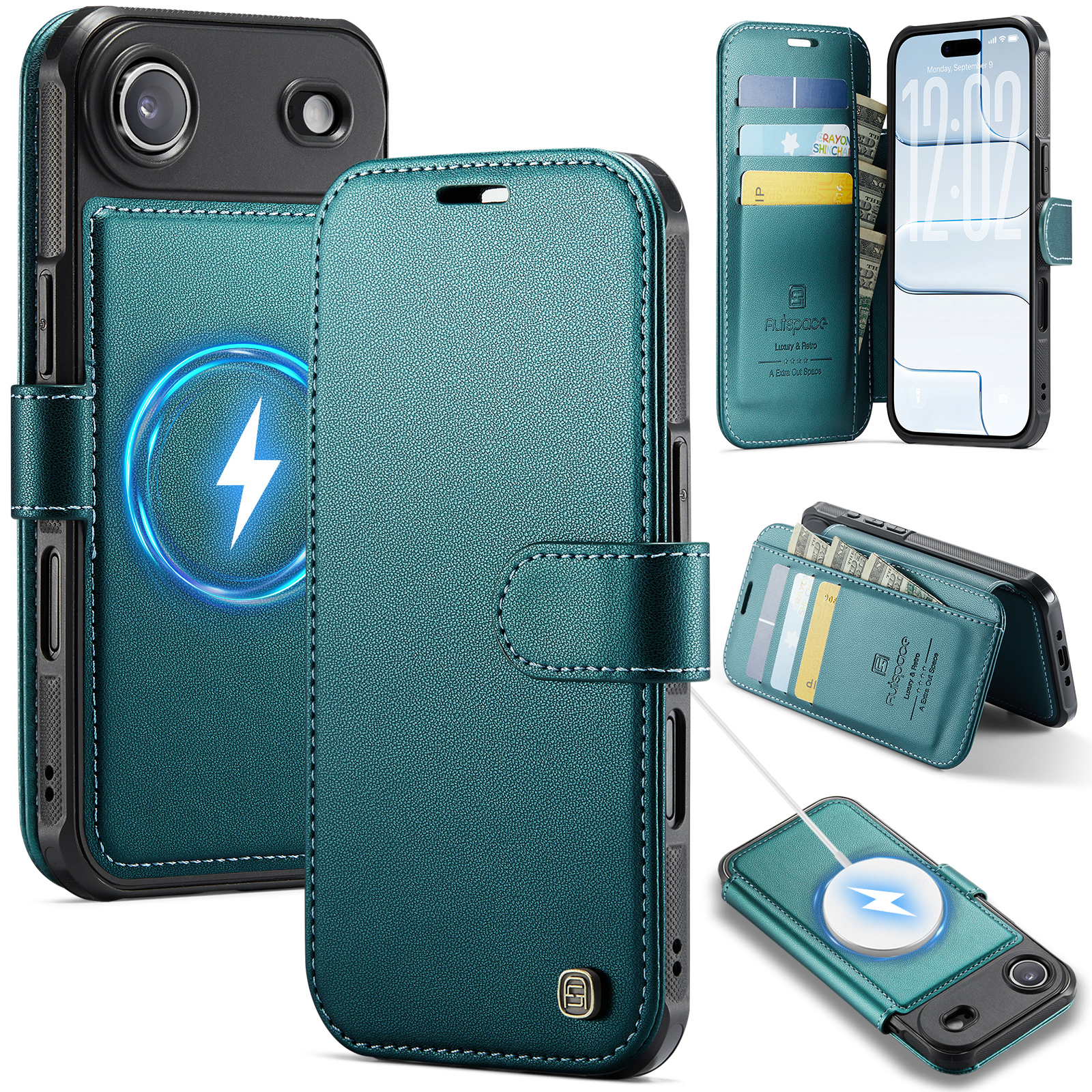 AUTSPACE for iPhone Air A15 Case RFID Blocking Wallet Leather Magnetic Phone Cover - Pearlescent Green