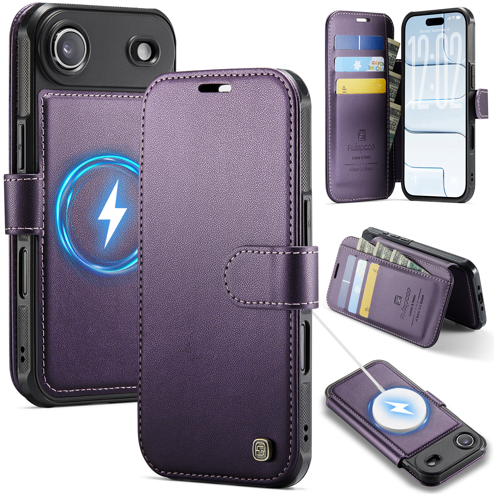AUTSPACE for iPhone Air A15 Case RFID Blocking Wallet Leather Magnetic Phone Cover - Pearlescent Purple