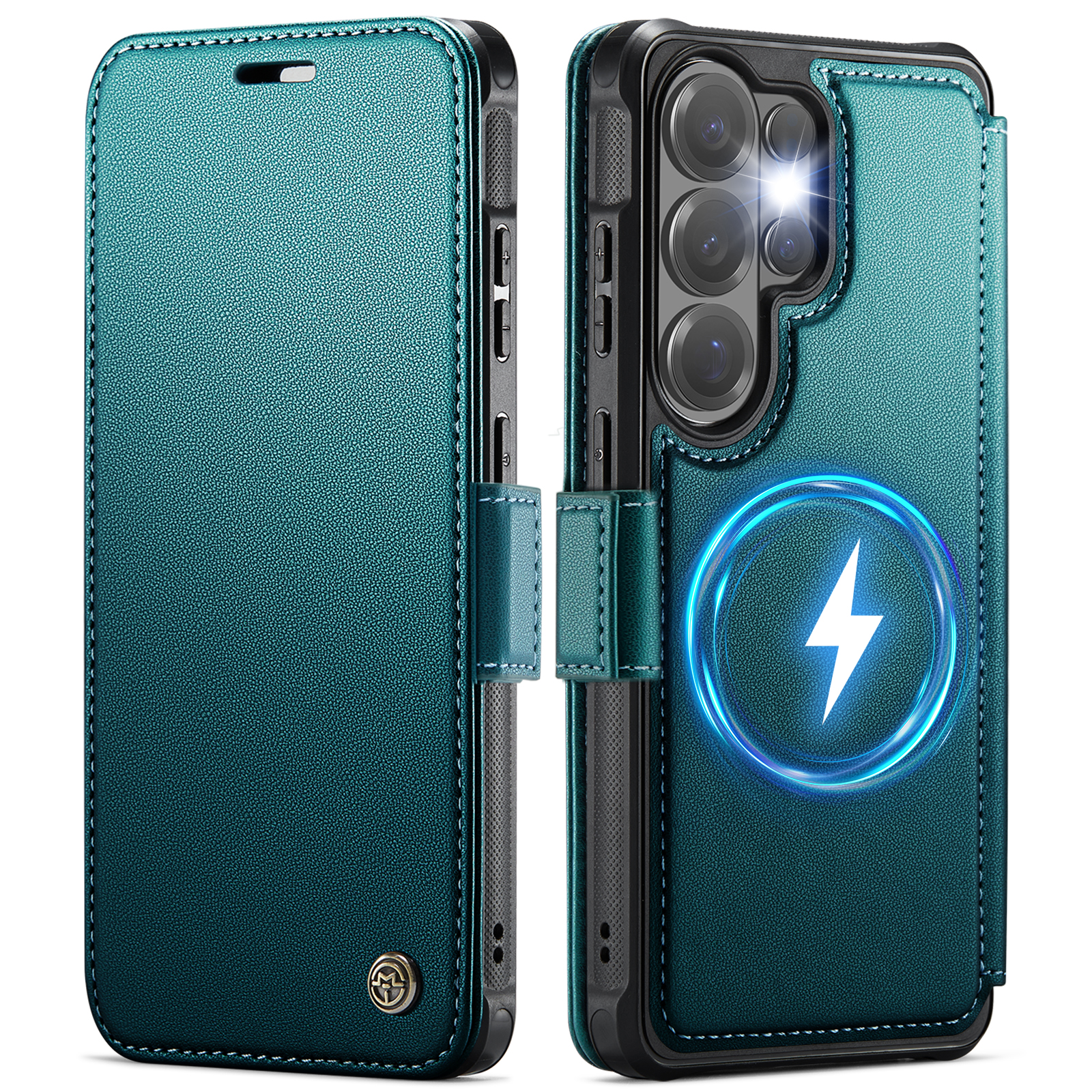 CASEME for Samsung Galaxy S22 Ultra 5G Case 053 Magnetic RFID Blocking Wallet Flip Leather Phone Cover - Blue Green