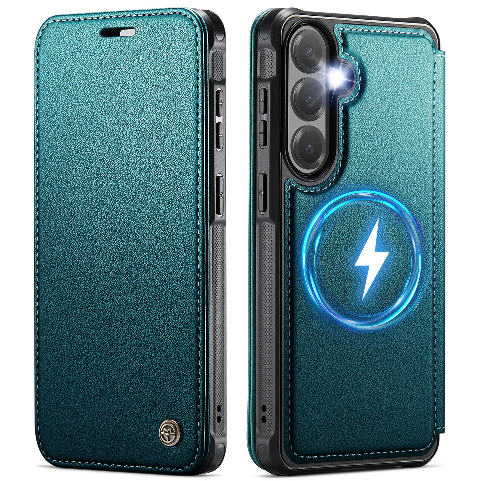 CASEME for Samsung Galaxy S23+ Case 053 Magnetic RFID Blocking Wallet Flip Leather Phone Cover - Blue Green