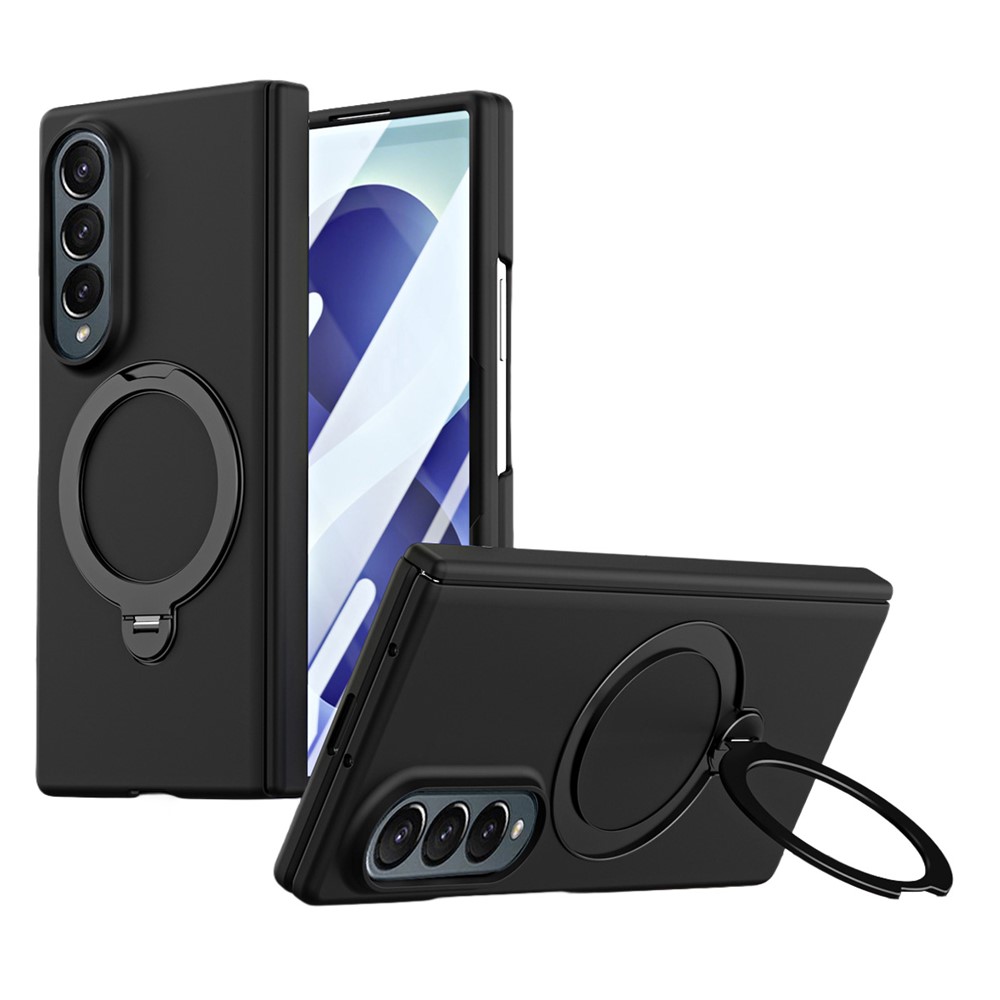 For Samsung Galaxy Z Fold4 5G Case Magnetic Rotating Kickstand Hard PC Phone Cover with Tempered Glass Film - Black