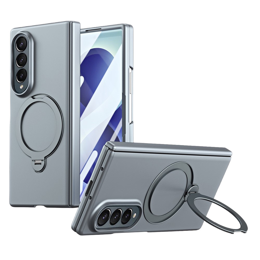 For Samsung Galaxy Z Fold4 5G Case Magnetic Rotating Kickstand Hard PC Phone Cover with Tempered Glass Film - Grey
