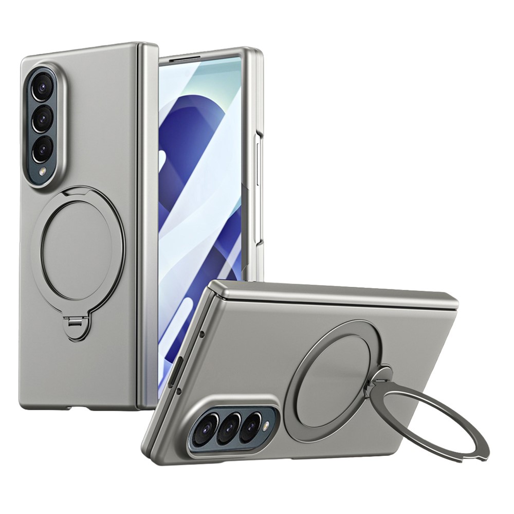 For Samsung Galaxy Z Fold4 5G Case Magnetic Rotating Kickstand Hard PC Phone Cover with Tempered Glass Film - Silver