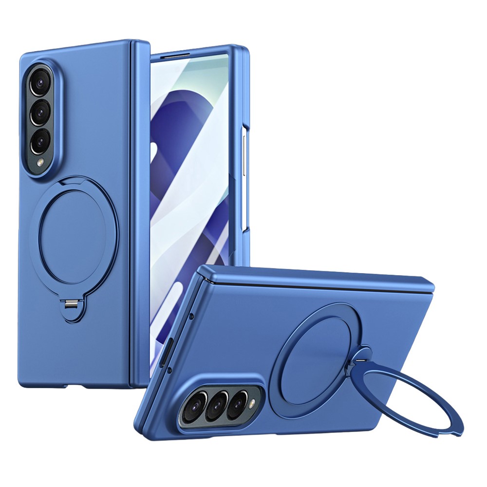 For Samsung Galaxy Z Fold4 5G Case Magnetic Rotating Kickstand Hard PC Phone Cover with Tempered Glass Film - Blue