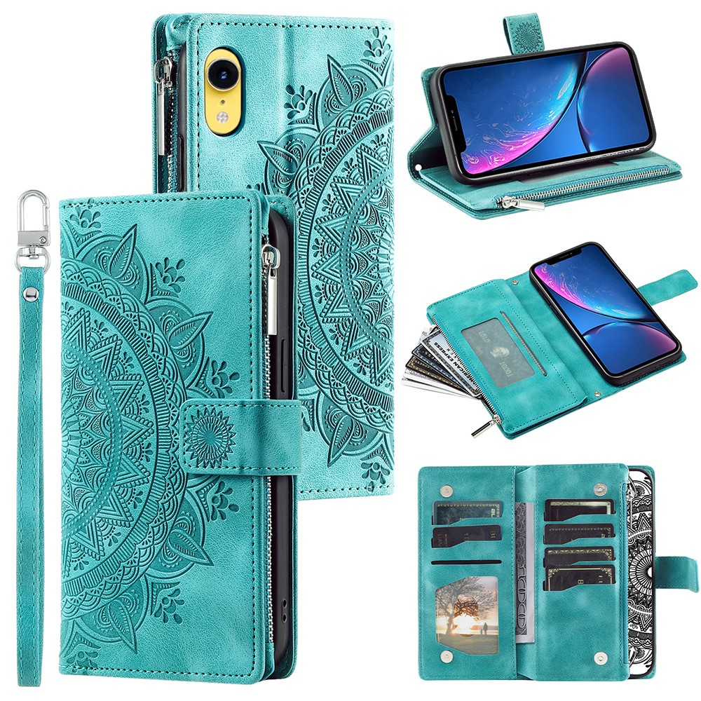 For iPhone XR 6.1 inch Mandala Flower Imprinted PU Leather Case Magnetic Handbag Zipper Pocket Stand Wallet Multiple Card Slots Phone Cover with Strap - Green