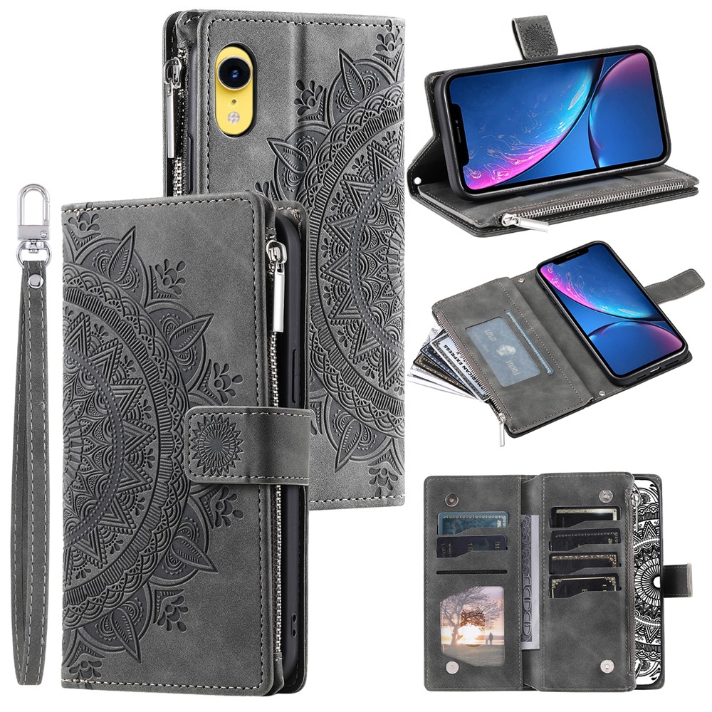 For iPhone XR 6.1 inch Mandala Flower Imprinted PU Leather Case Magnetic Handbag Zipper Pocket Stand Wallet Multiple Card Slots Phone Cover with Strap - Grey