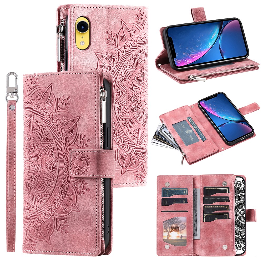 For iPhone XR 6.1 inch Mandala Flower Imprinted PU Leather Case Magnetic Handbag Zipper Pocket Stand Wallet Multiple Card Slots Phone Cover with Strap - Rose Gold