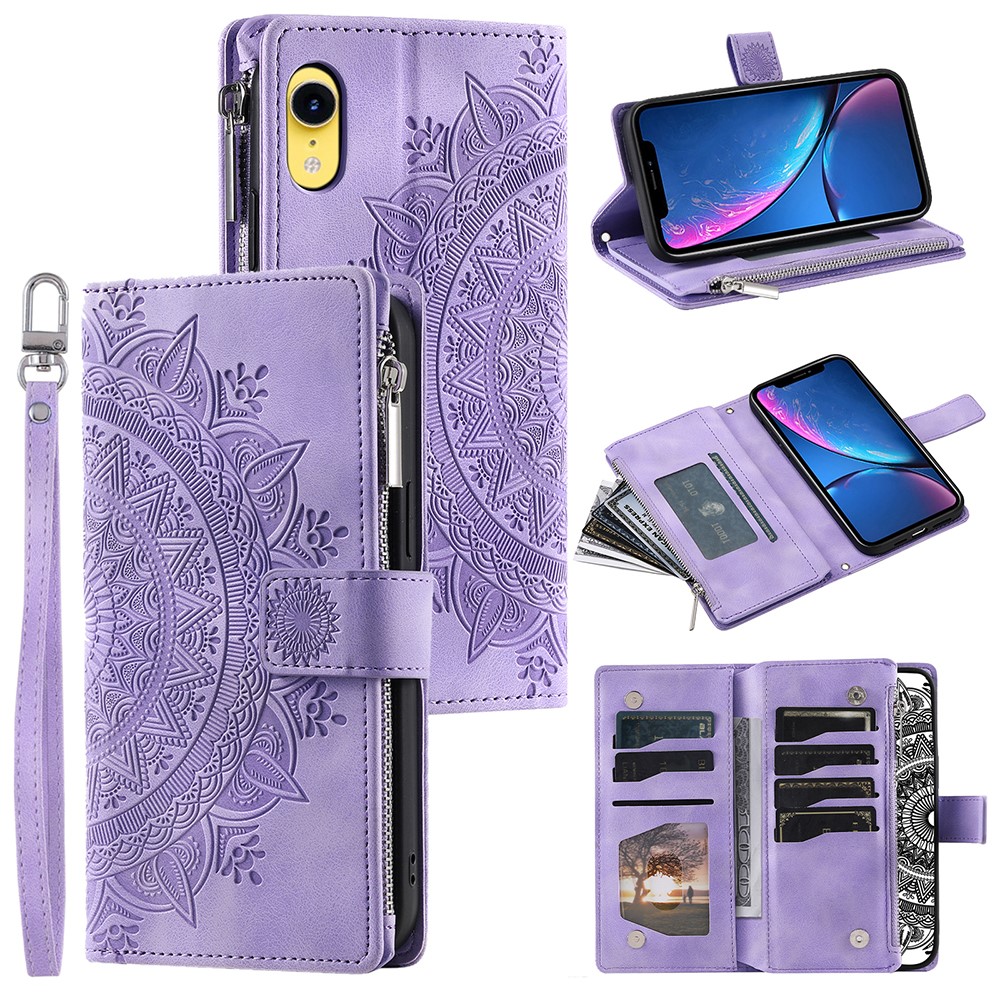 For iPhone XR 6.1 inch Mandala Flower Imprinted PU Leather Case Magnetic Handbag Zipper Pocket Stand Wallet Multiple Card Slots Phone Cover with Strap - Purple