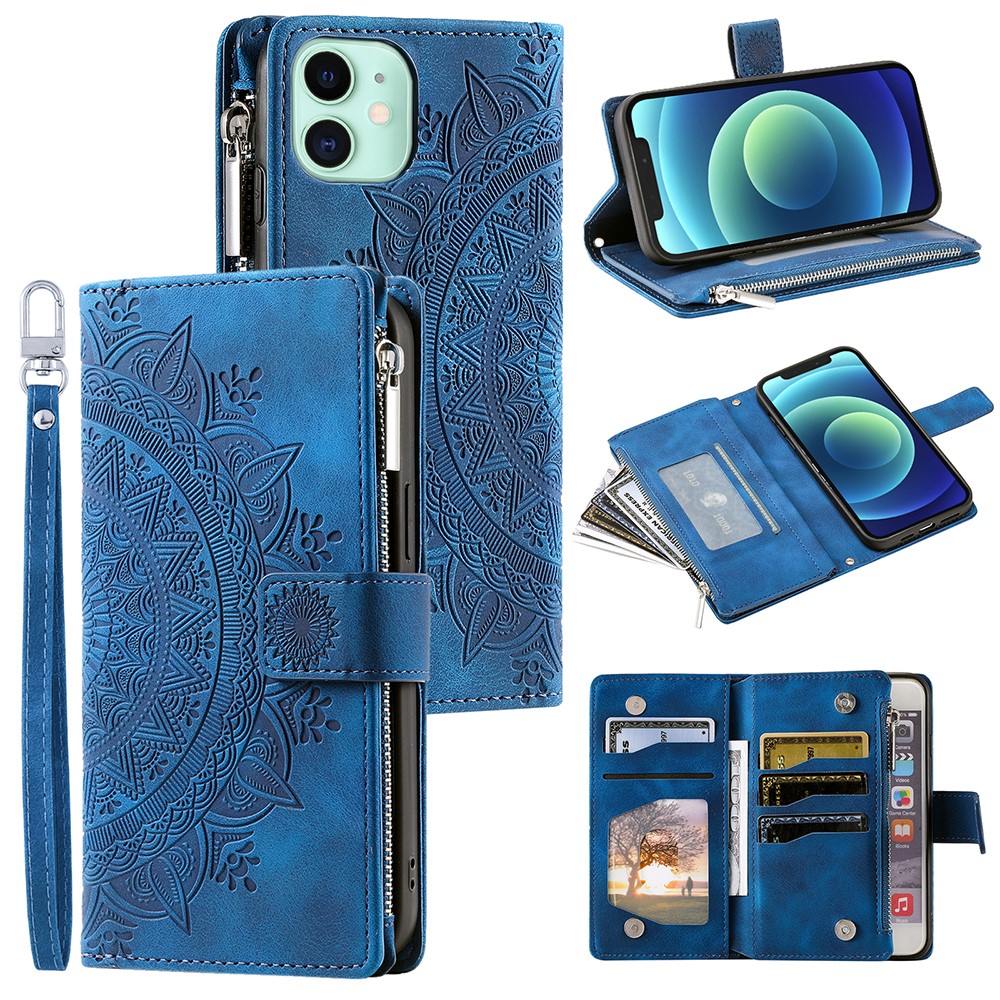 For iPhone 12 mini 5.4 inch Phone Stand Cover Multiple Card Slots PU Leather Wallet Zipper Pocket Mandala Flower Imprinted Phone Case - Blue