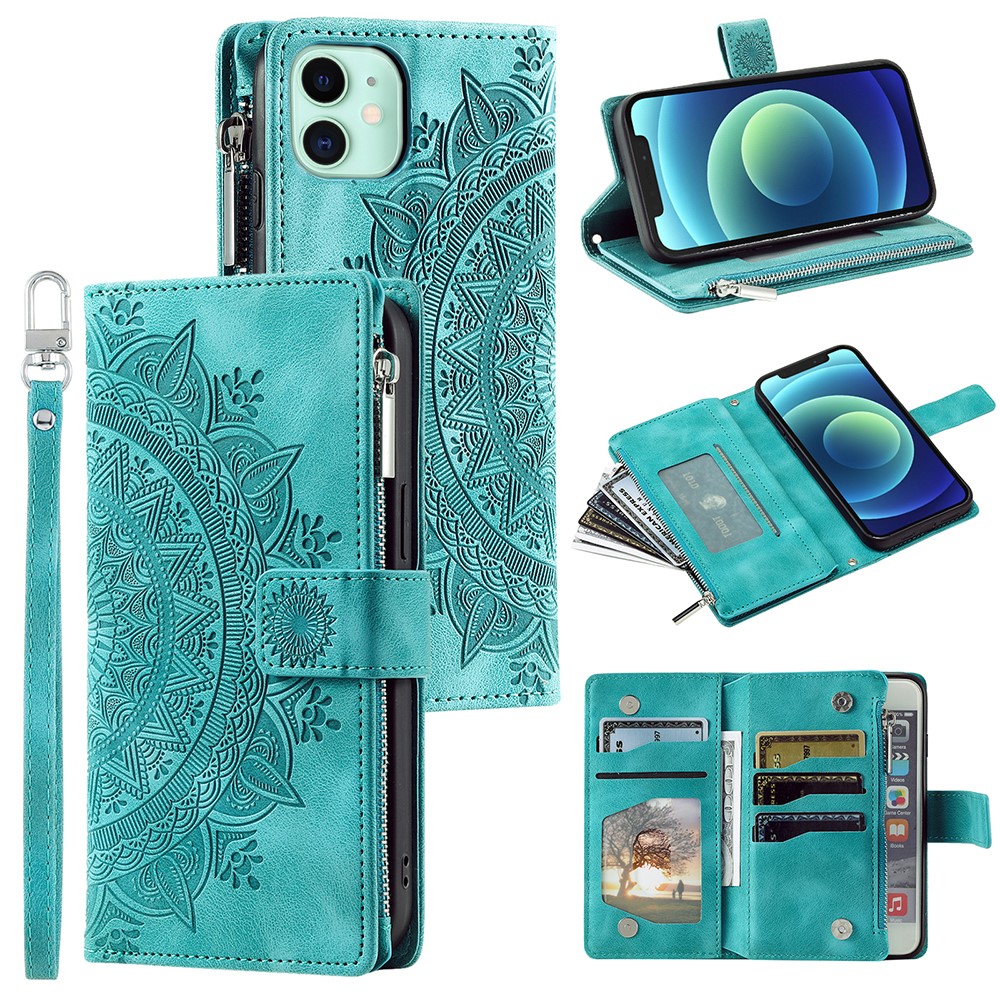 For iPhone 12 mini 5.4 inch Phone Stand Cover Multiple Card Slots PU Leather Wallet Zipper Pocket Mandala Flower Imprinted Phone Case - Green