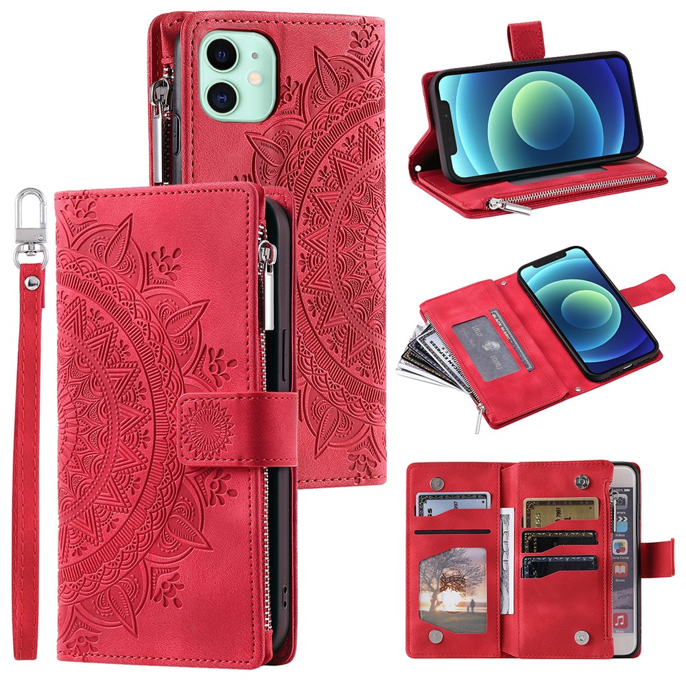 For iPhone 12 mini 5.4 inch Phone Stand Cover Multiple Card Slots PU Leather Wallet Zipper Pocket Mandala Flower Imprinted Phone Case - Red