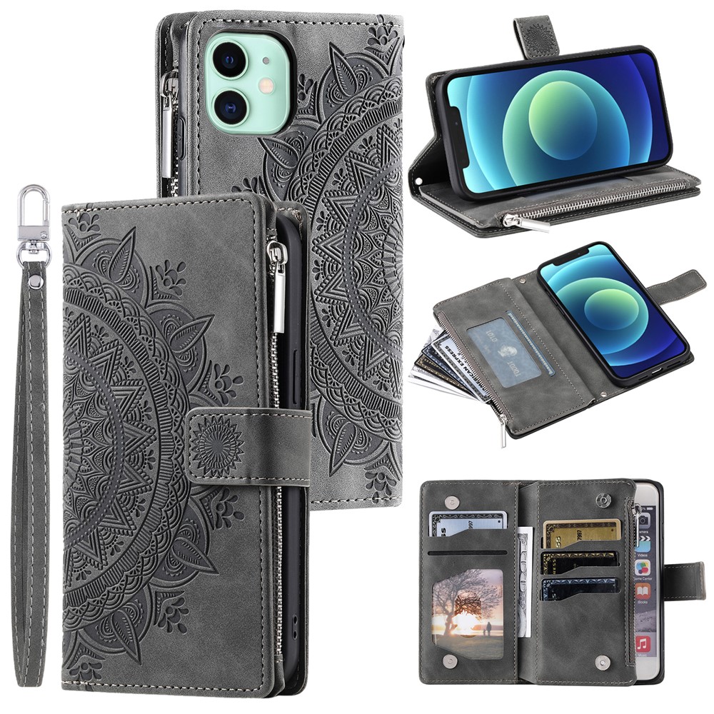 For iPhone 12 mini 5.4 inch Phone Stand Cover Multiple Card Slots PU Leather Wallet Zipper Pocket Mandala Flower Imprinted Phone Case - Grey