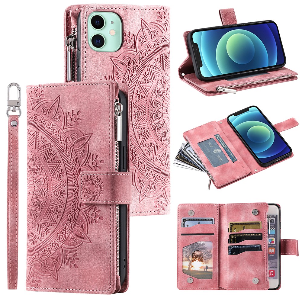For iPhone 12 mini 5.4 inch Phone Stand Cover Multiple Card Slots PU Leather Wallet Zipper Pocket Mandala Flower Imprinted Phone Case - Rose Gold