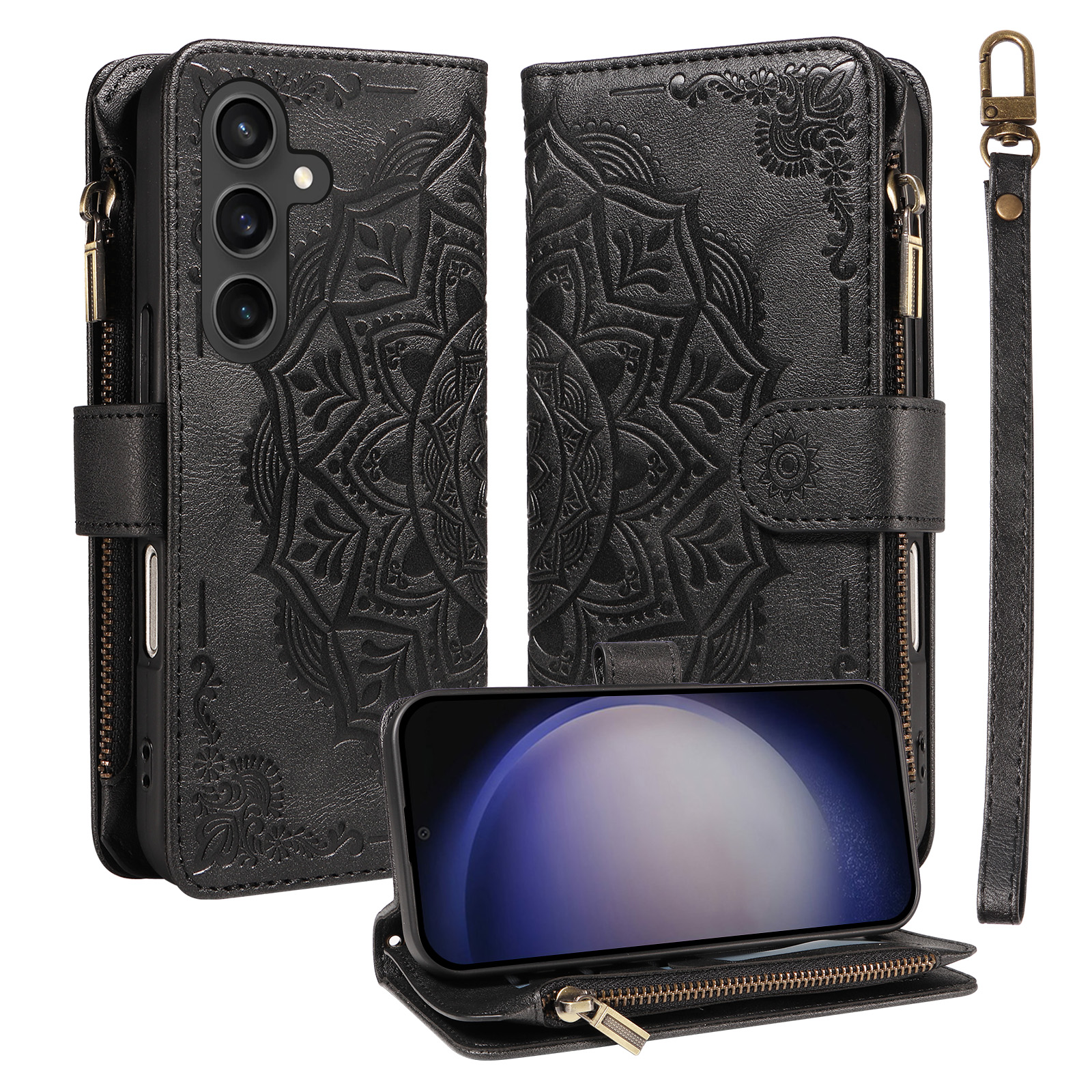For Samsung Galaxy S23 FE Wallet Case 9 Card Slots RFID Blocking Mandala Embossed Leather Flip Cover with Wrist Strap - Black