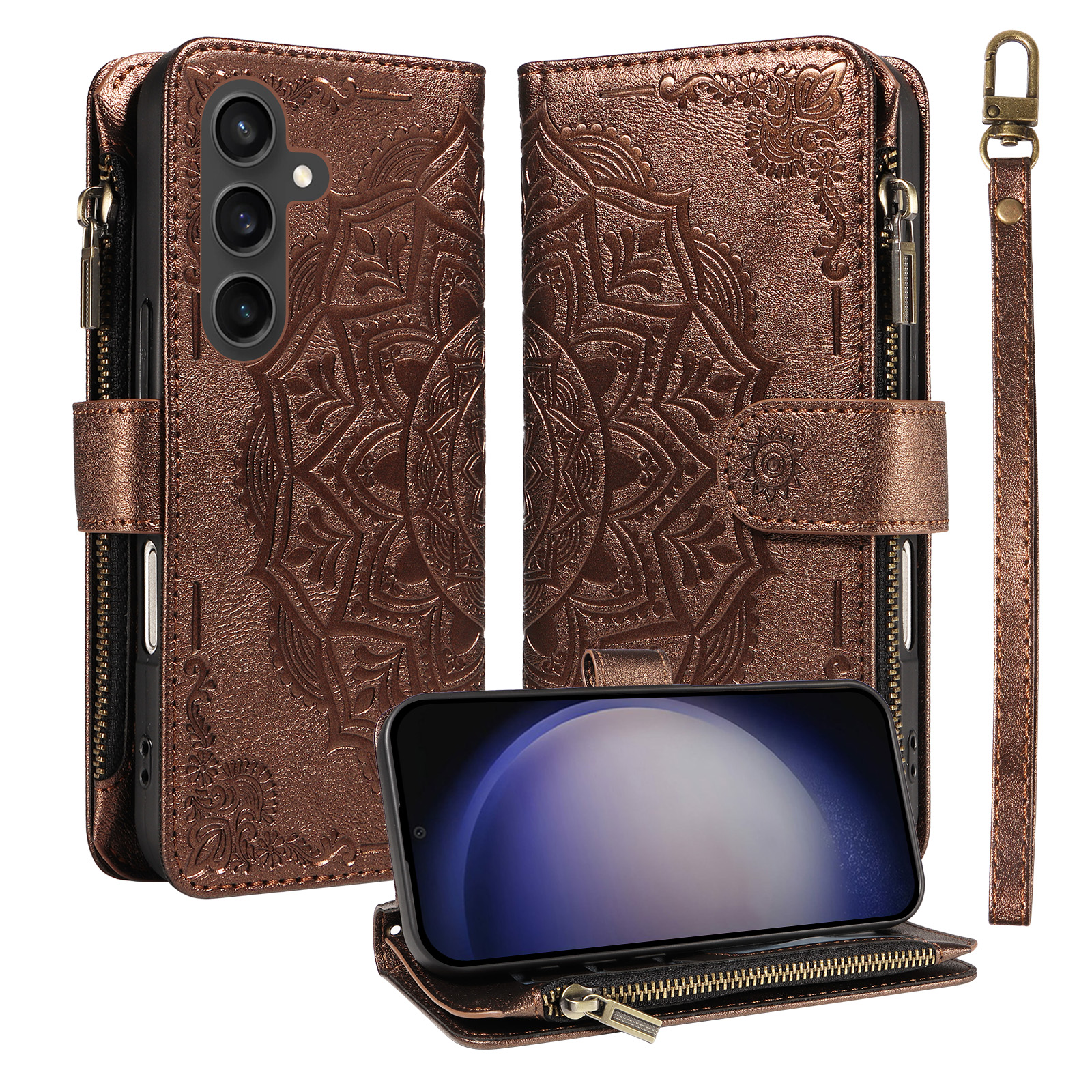 For Samsung Galaxy S23 FE Wallet Case 9 Card Slots RFID Blocking Mandala Embossed Leather Flip Cover with Wrist Strap - Brown