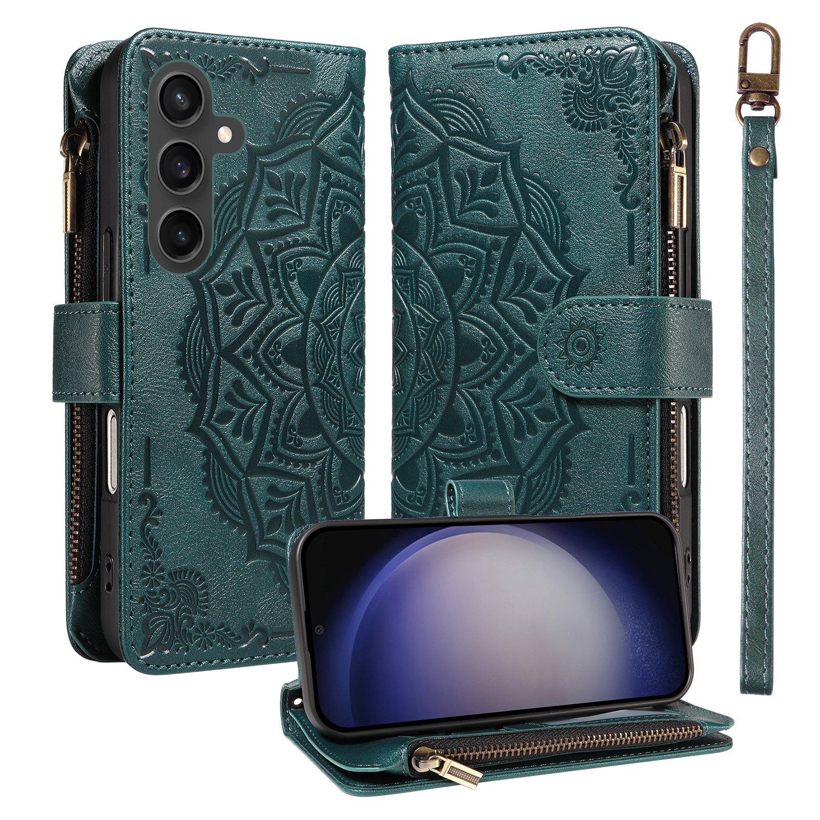 For Samsung Galaxy S23 FE Wallet Case 9 Card Slots RFID Blocking Mandala Embossed Leather Flip Cover with Wrist Strap - Green