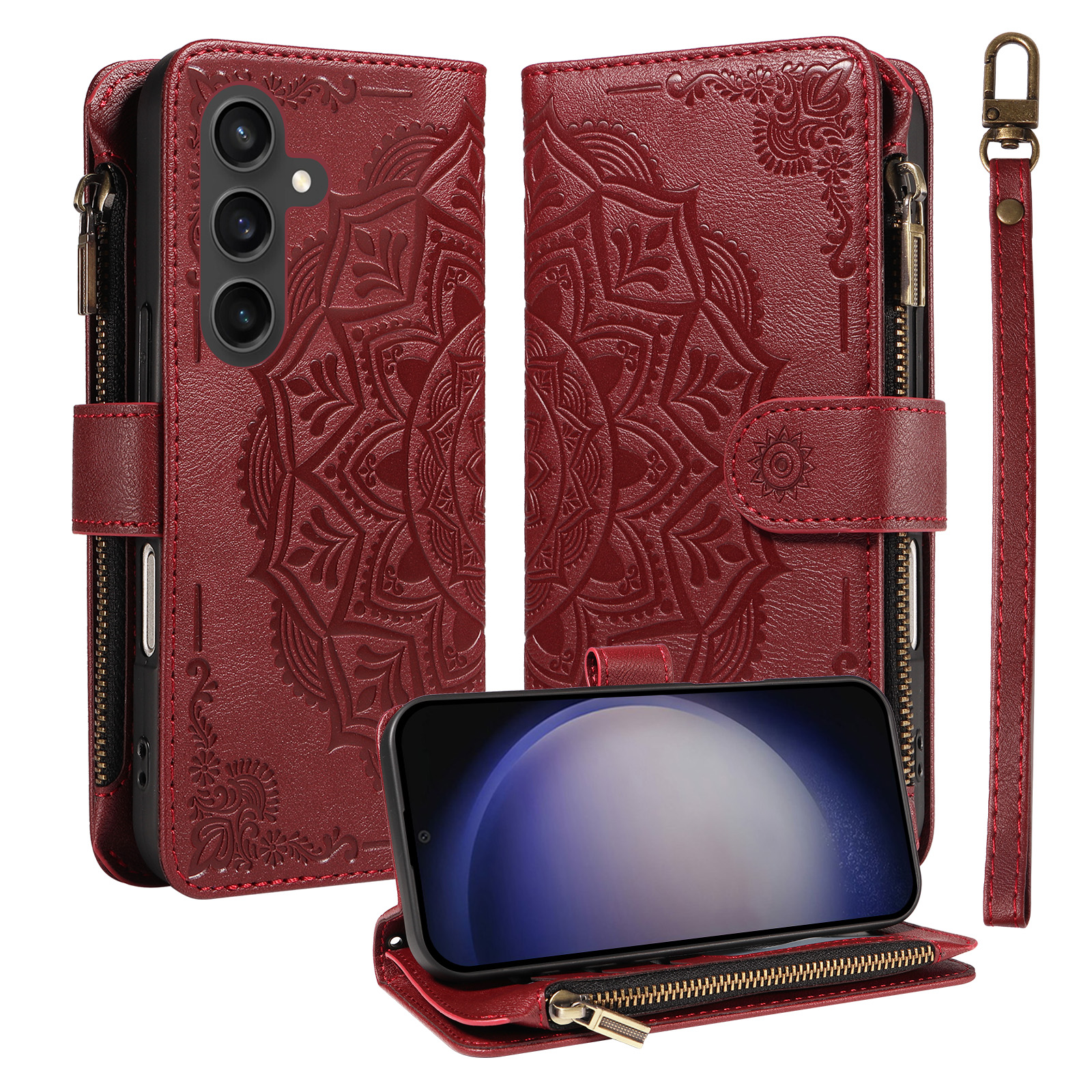 For Samsung Galaxy S23 FE Wallet Case 9 Card Slots RFID Blocking Mandala Embossed Leather Flip Cover with Wrist Strap - Wine Red