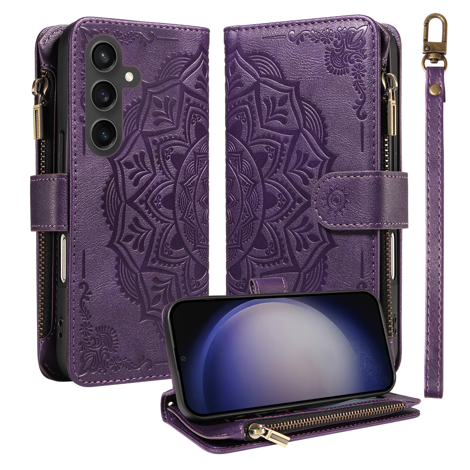 For Samsung Galaxy S23 FE Wallet Case 9 Card Slots RFID Blocking Mandala Embossed Leather Flip Cover with Wrist Strap - Purple