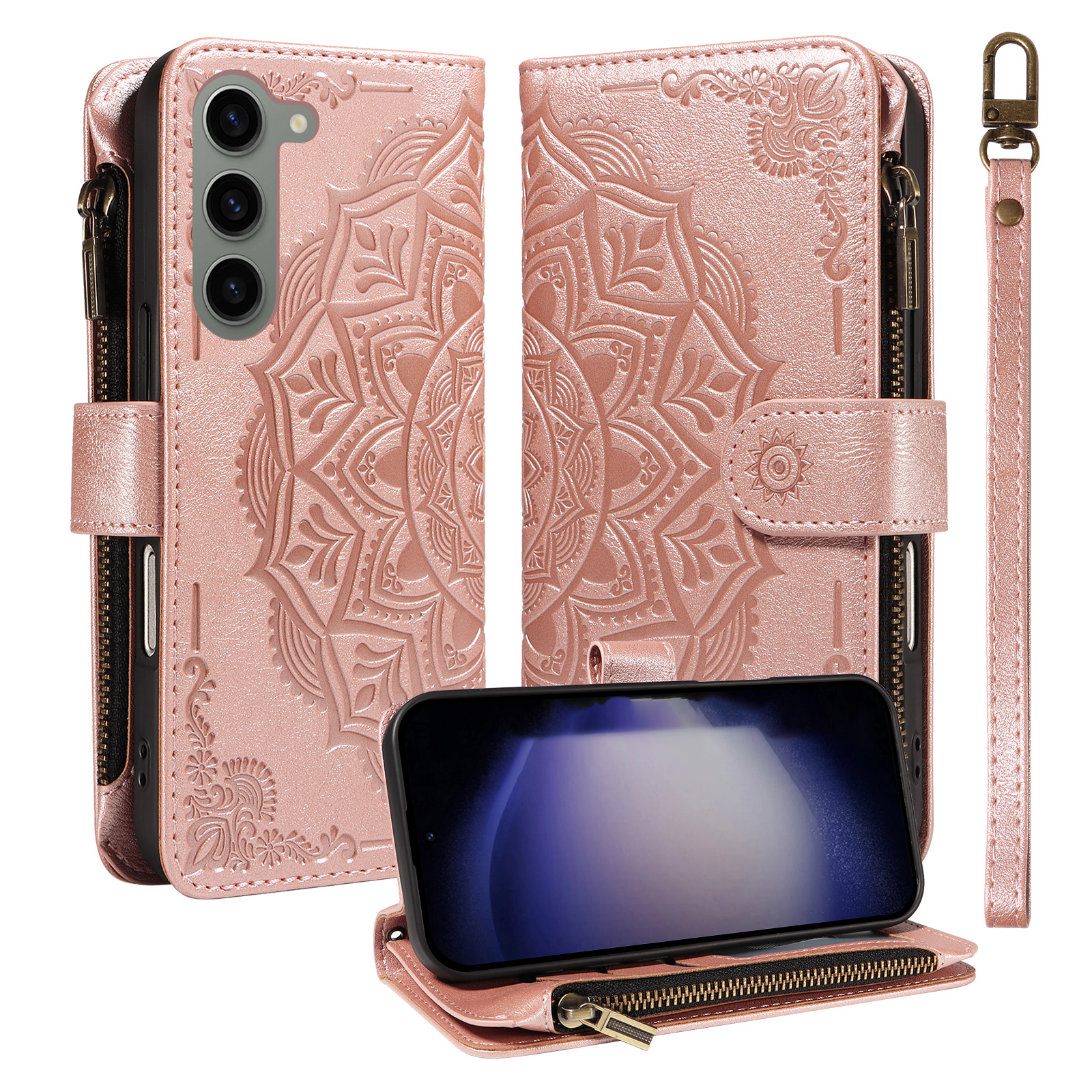 For Samsung Galaxy S23 Wallet Case 9 Card Slots RFID Blocking Mandala Embossed Leather Flip Cover with Wrist Strap - Rose Gold