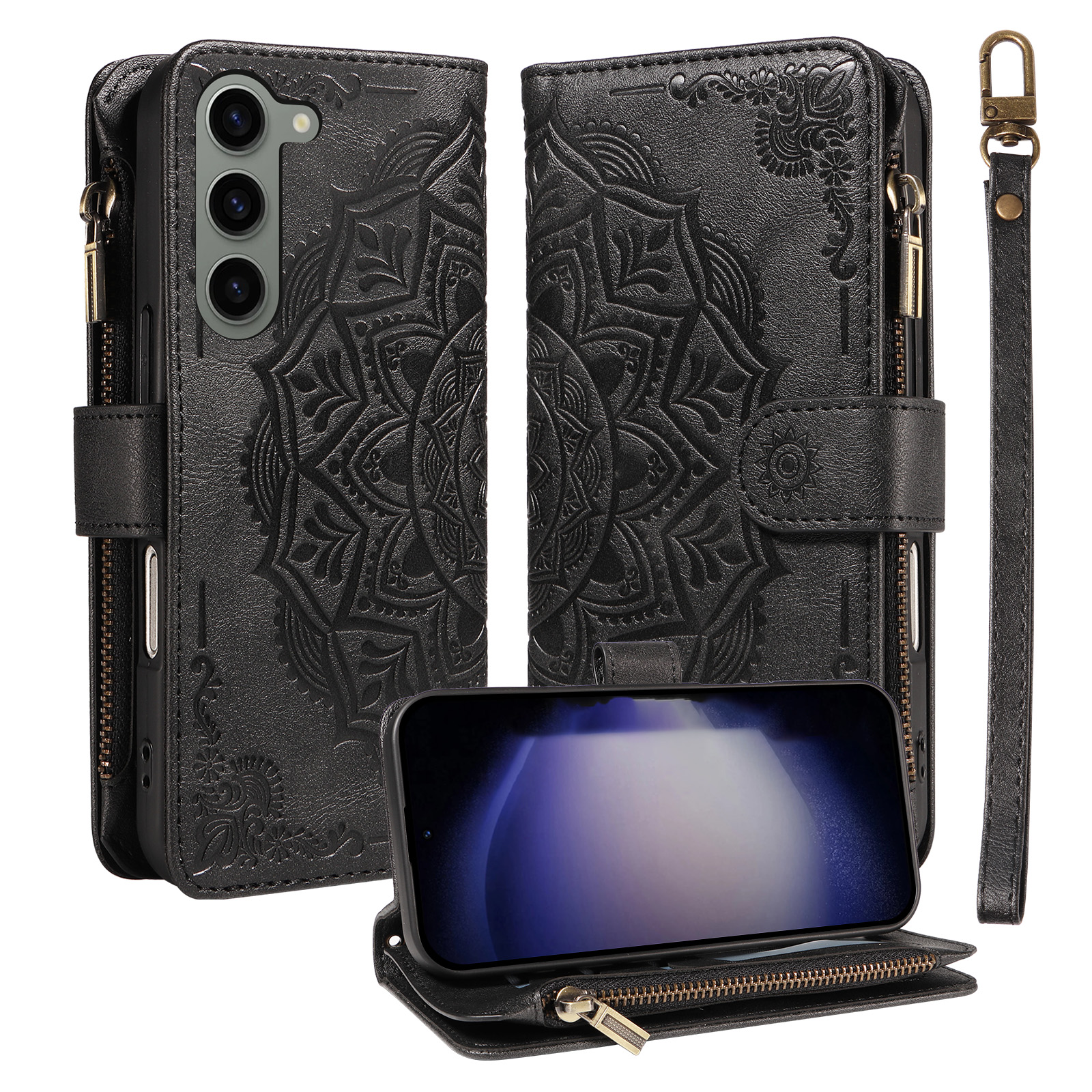 For Samsung Galaxy S23 Wallet Case 9 Card Slots RFID Blocking Mandala Embossed Leather Flip Cover with Wrist Strap - Black
