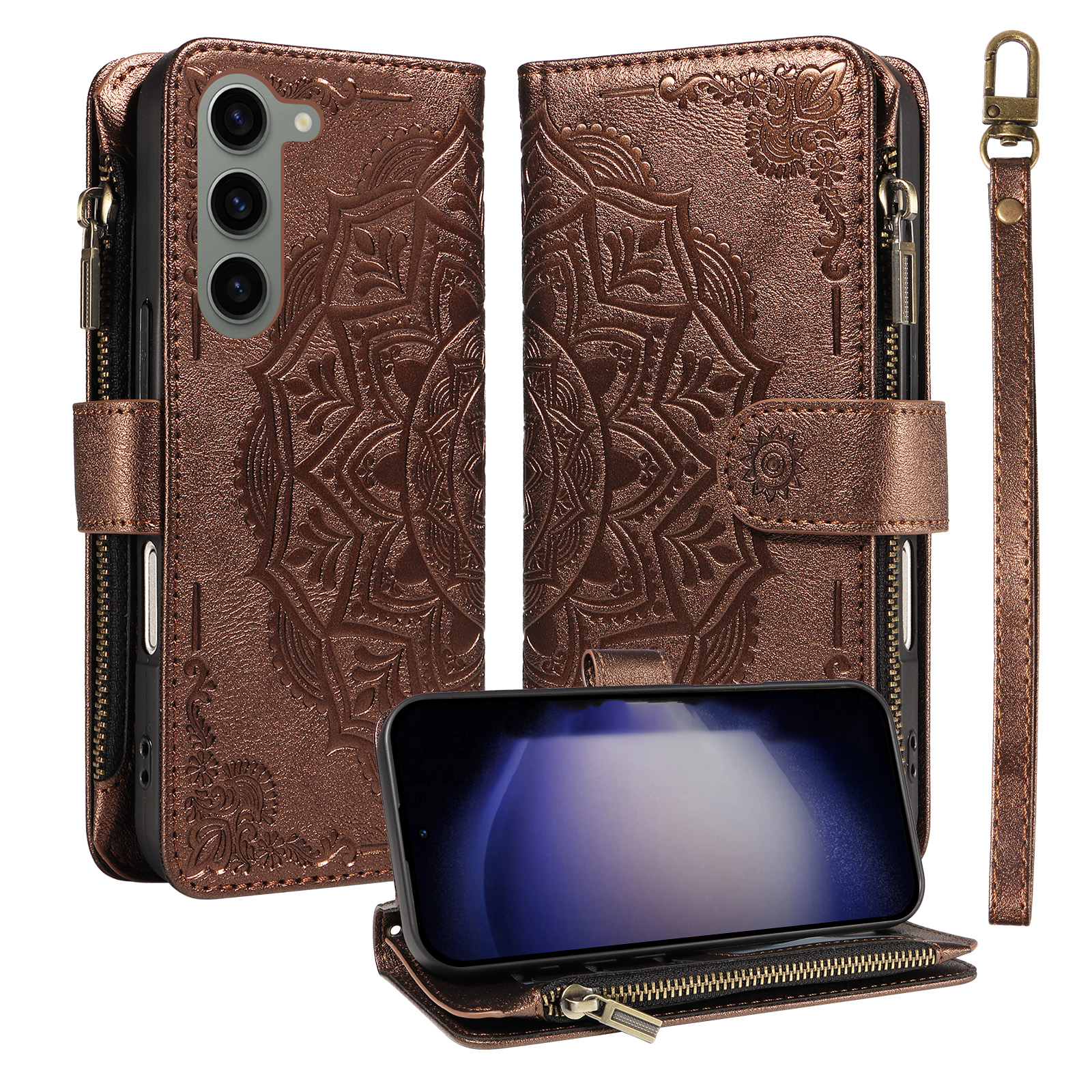 For Samsung Galaxy S23 Wallet Case 9 Card Slots RFID Blocking Mandala Embossed Leather Flip Cover with Wrist Strap - Brown