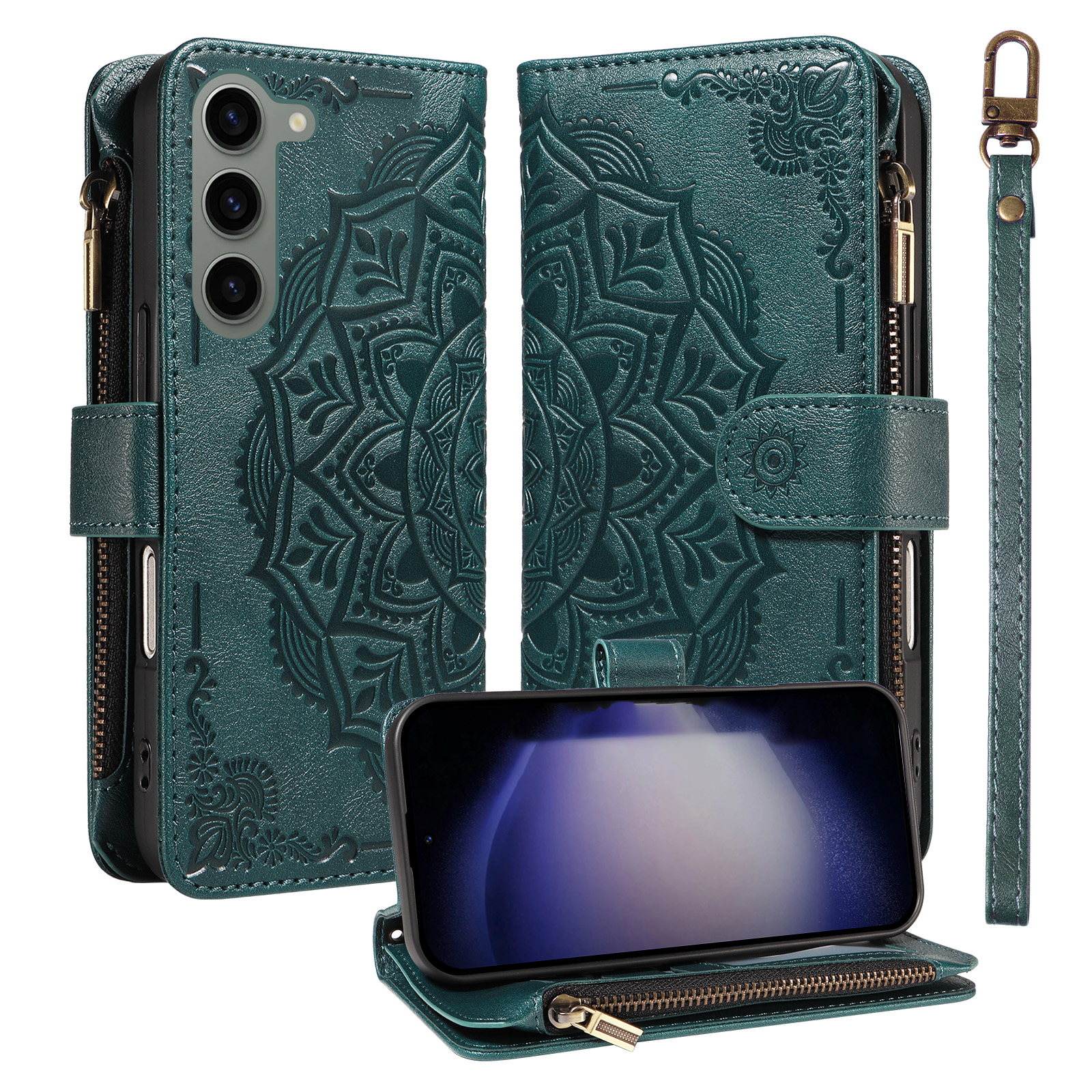 For Samsung Galaxy S23 Wallet Case 9 Card Slots RFID Blocking Mandala Embossed Leather Flip Cover with Wrist Strap - Green