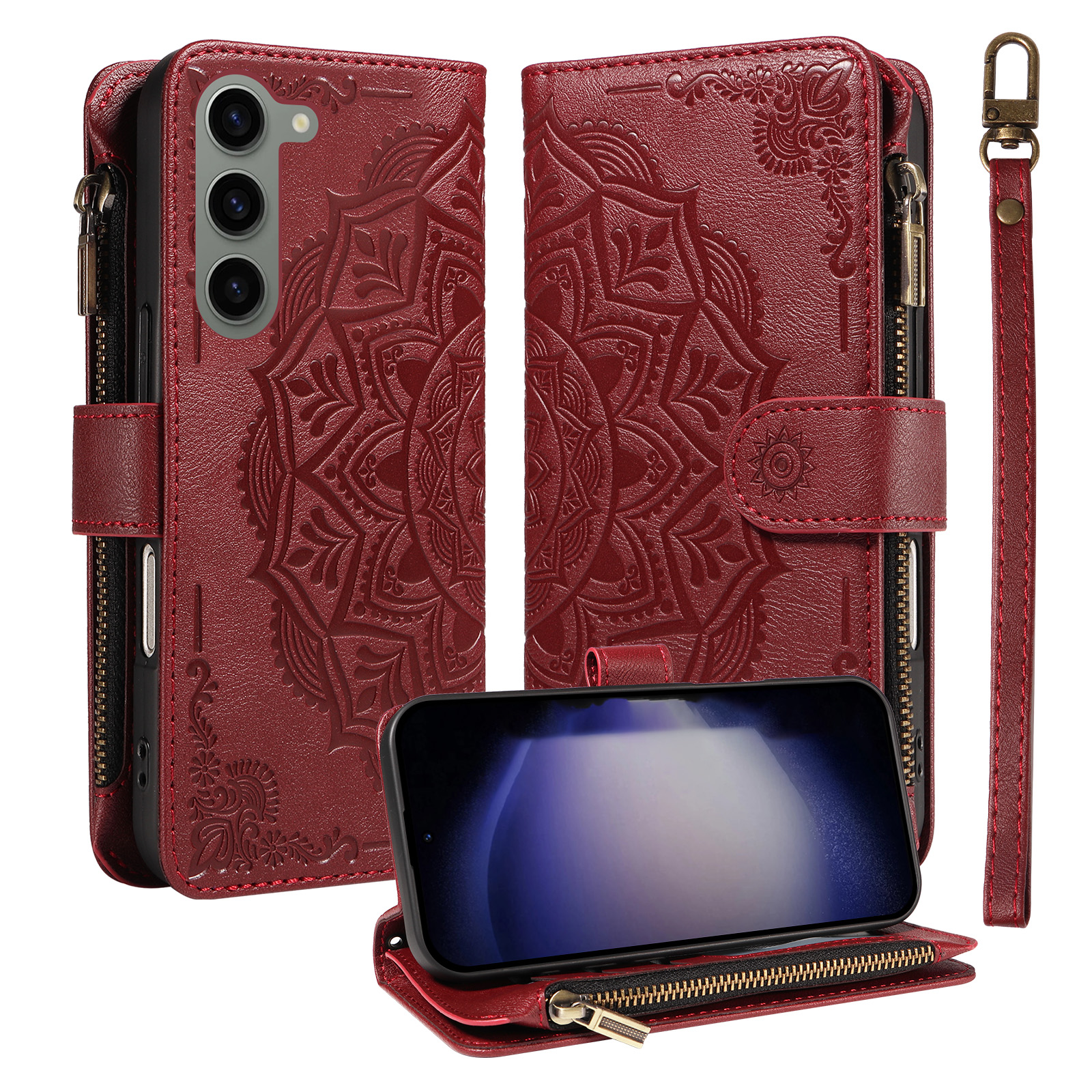 For Samsung Galaxy S23 Wallet Case 9 Card Slots RFID Blocking Mandala Embossed Leather Flip Cover with Wrist Strap - Wine Red