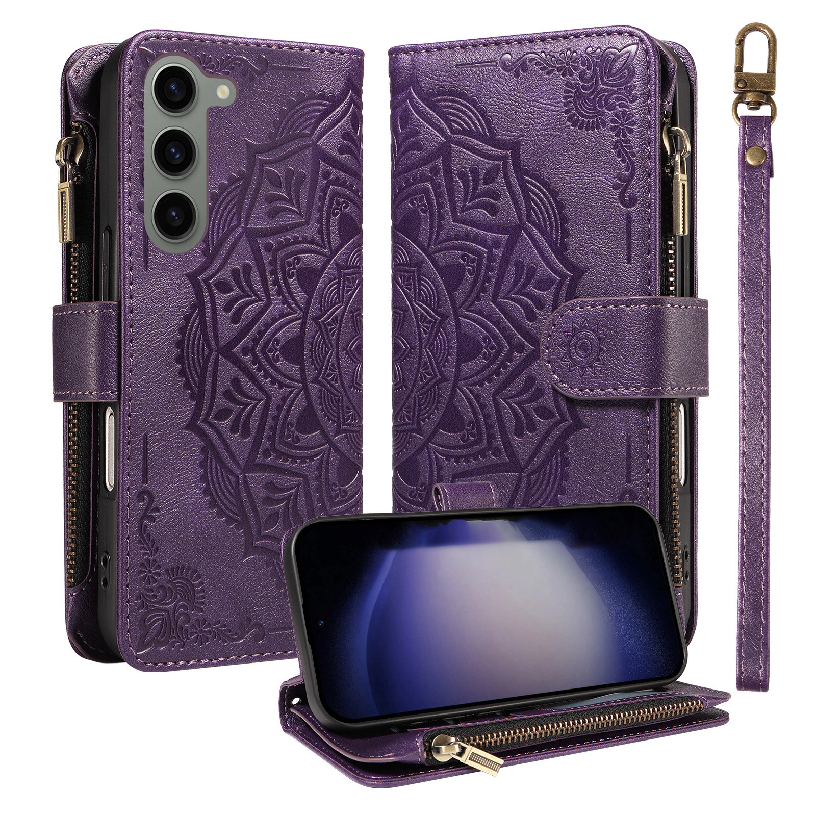 For Samsung Galaxy S23 Wallet Case 9 Card Slots RFID Blocking Mandala Embossed Leather Flip Cover with Wrist Strap - Purple