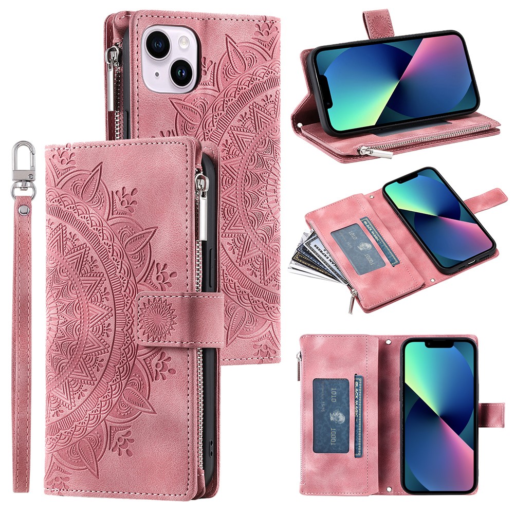 For iPhone 13 mini 5.4 inch PU Leather Mandala Flower Imprinted Wallet Case Multiple Card Slots Magnetic Closure Zipper Pocket Stand Cover with Strap - Rose Gold