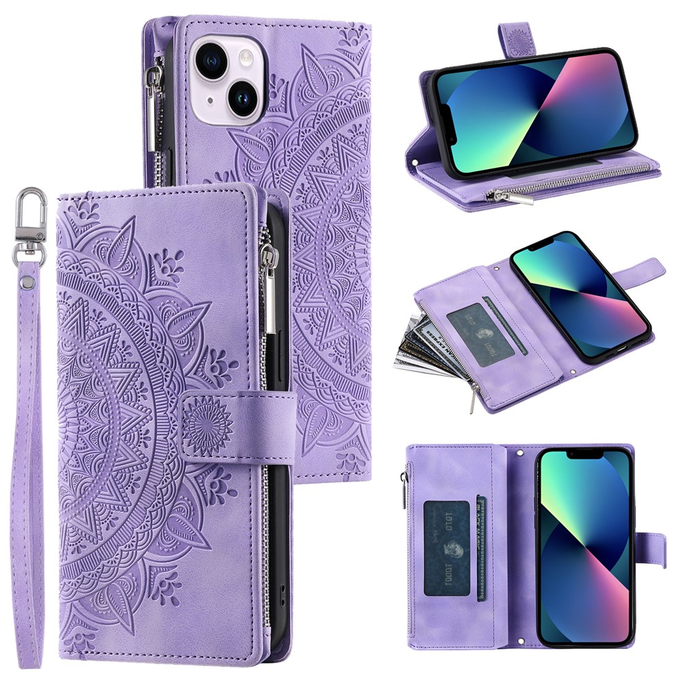 For iPhone 13 mini 5.4 inch PU Leather Mandala Flower Imprinted Wallet Case Multiple Card Slots Magnetic Closure Zipper Pocket Stand Cover with Strap - Purple