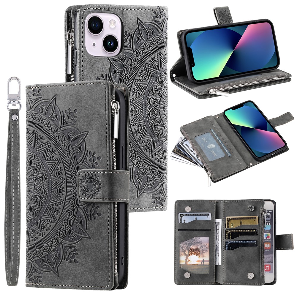 For iPhone 13 mini 5.4 inch PU Leather Mandala Flower Imprinted Wallet Case Multiple Card Slots Magnetic Closure Zipper Pocket Stand Cover with Strap - Grey