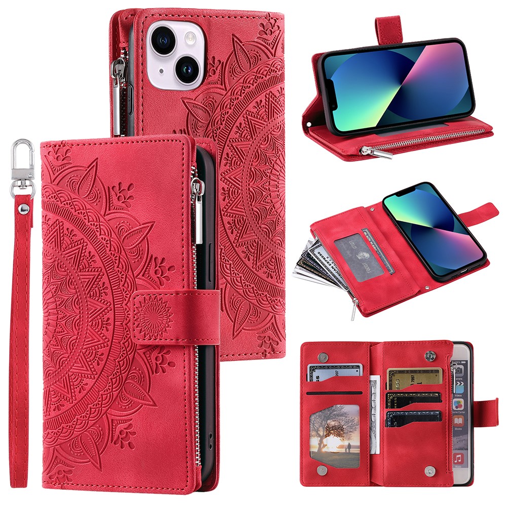 For iPhone 13 mini 5.4 inch PU Leather Mandala Flower Imprinted Wallet Case Multiple Card Slots Magnetic Closure Zipper Pocket Stand Cover with Strap - Red
