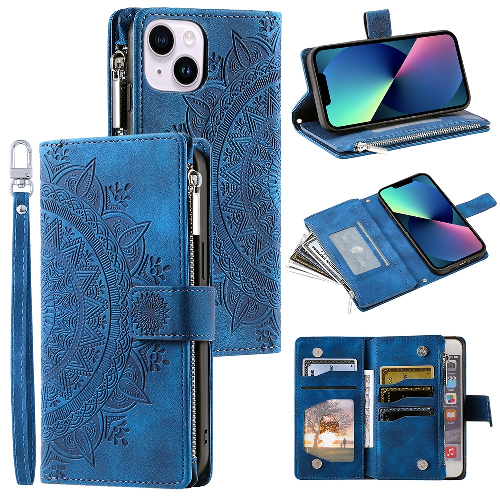 For iPhone 13 mini 5.4 inch PU Leather Mandala Flower Imprinted Wallet Case Multiple Card Slots Magnetic Closure Zipper Pocket Stand Cover with Strap - Blue