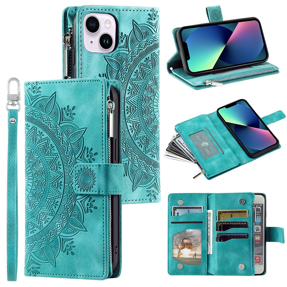 For iPhone 13 mini 5.4 inch PU Leather Mandala Flower Imprinted Wallet Case Multiple Card Slots Magnetic Closure Zipper Pocket Stand Cover with Strap - Green