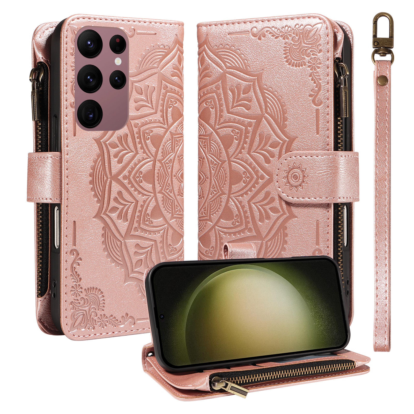 For Samsung Galaxy S23 Ultra Wallet Case 9 Card Slots RFID Blocking Mandala Embossed Leather Flip Cover with Wrist Strap - Rose Gold