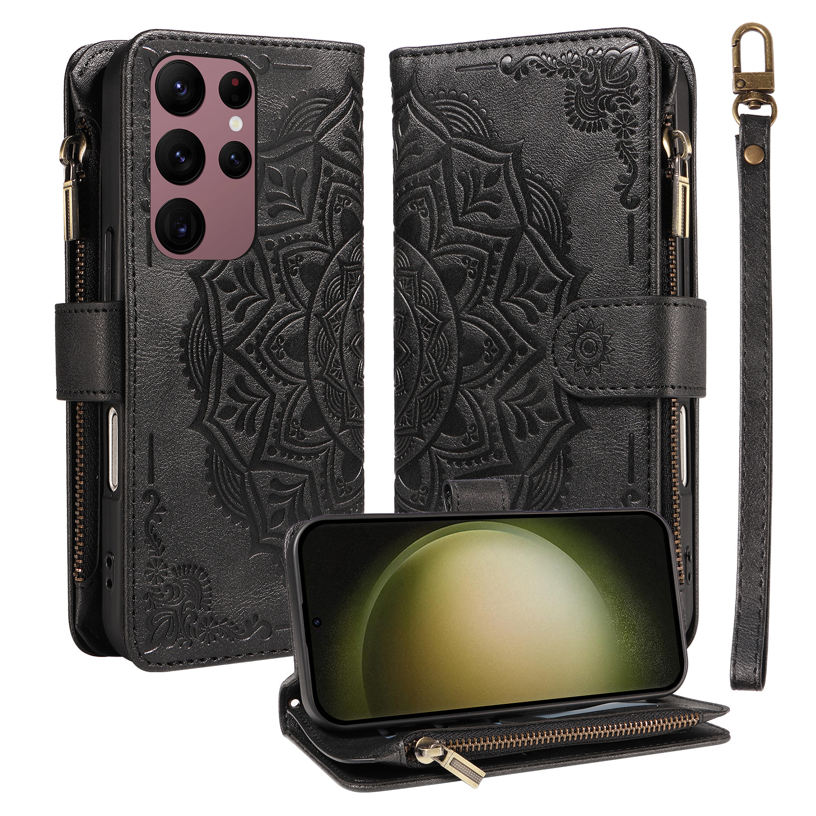 For Samsung Galaxy S23 Ultra Wallet Case 9 Card Slots RFID Blocking Mandala Embossed Leather Flip Cover with Wrist Strap - Black