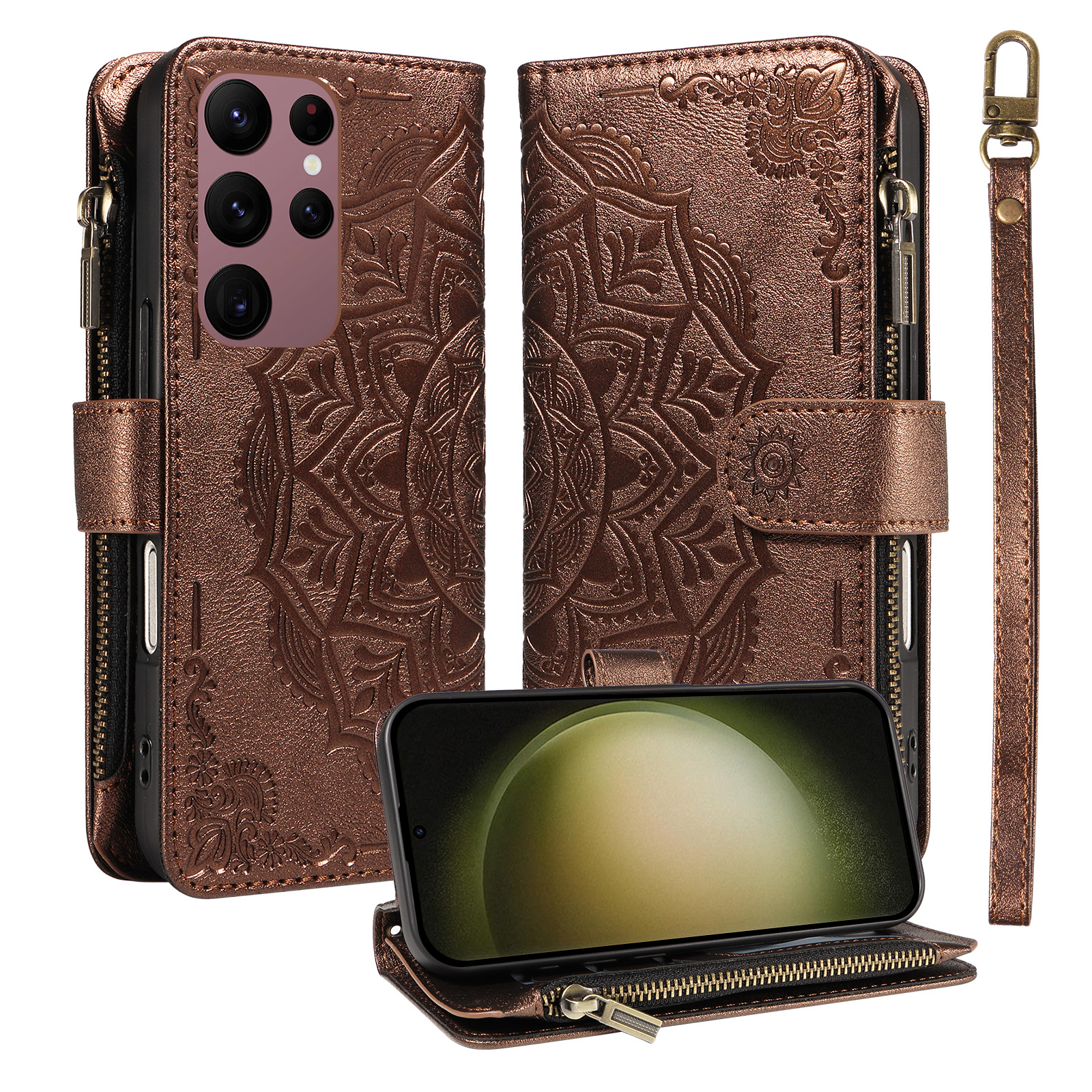 For Samsung Galaxy S23 Ultra Wallet Case 9 Card Slots RFID Blocking Mandala Embossed Leather Flip Cover with Wrist Strap - Brown