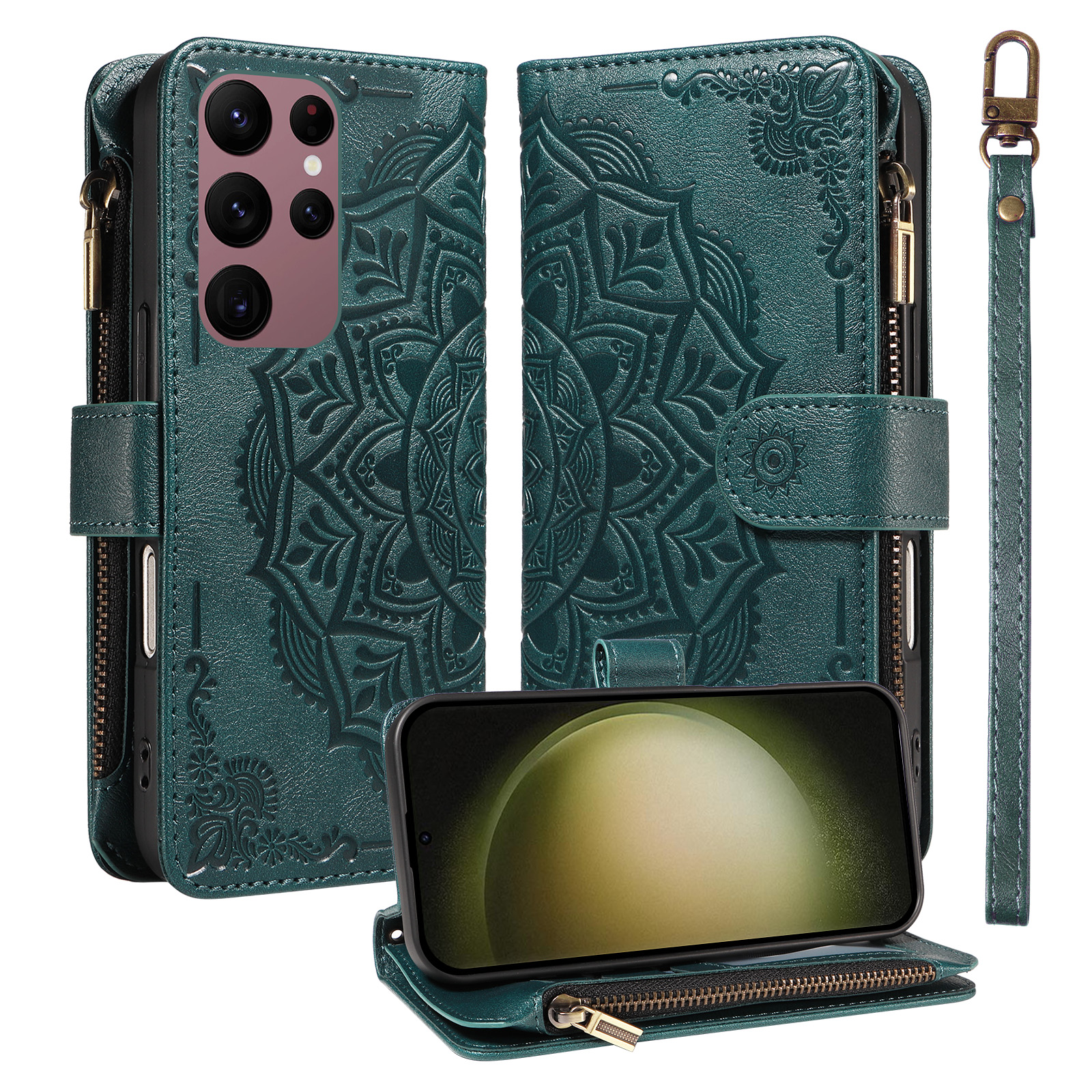 For Samsung Galaxy S23 Ultra Wallet Case 9 Card Slots RFID Blocking Mandala Embossed Leather Flip Cover with Wrist Strap - Green