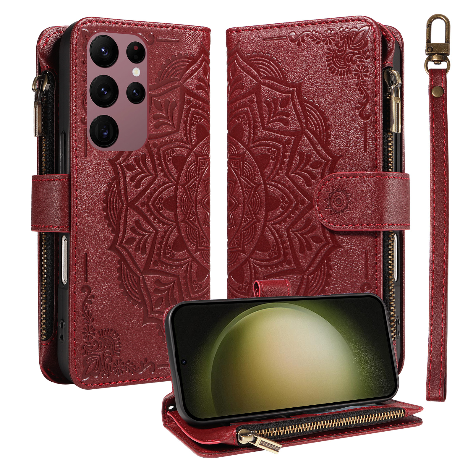 For Samsung Galaxy S23 Ultra Wallet Case 9 Card Slots RFID Blocking Mandala Embossed Leather Flip Cover with Wrist Strap - Wine Red
