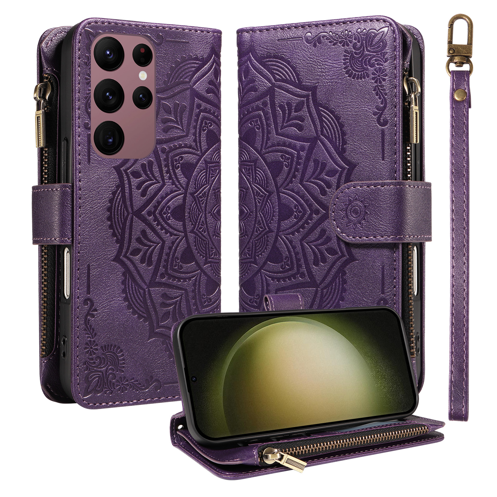 For Samsung Galaxy S23 Ultra Wallet Case 9 Card Slots RFID Blocking Mandala Embossed Leather Flip Cover with Wrist Strap - Purple