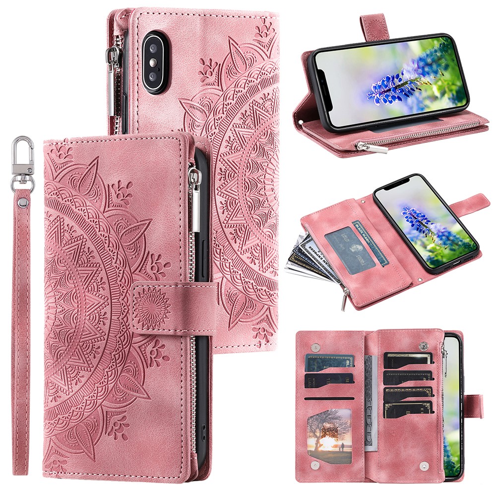 For iPhone XS Max 6.5 inch Mandala Flower Imprinted PU Leather Wallet Folio Flip Case Zipper Pocket Multiple Card Slots Stand Phone Cover with Strap - Rose Gold