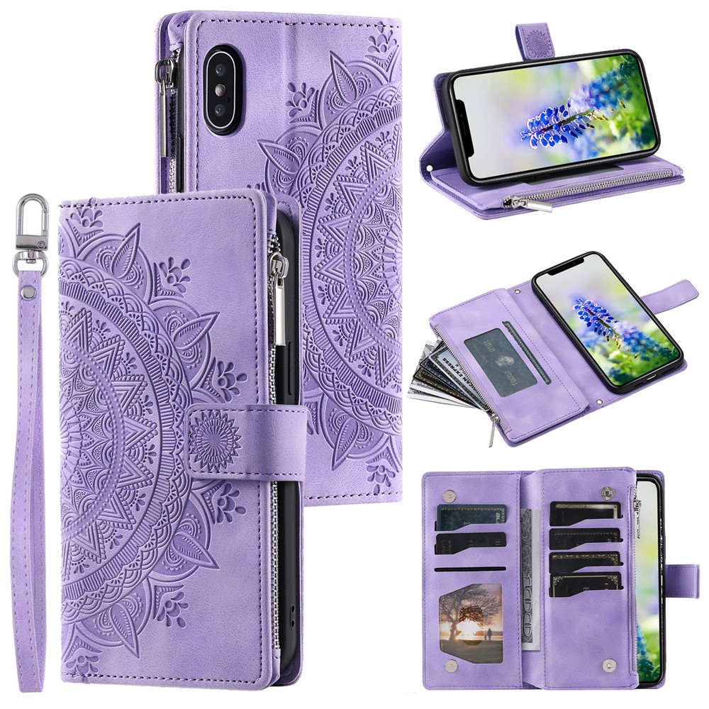 For iPhone XS Max 6.5 inch Mandala Flower Imprinted PU Leather Wallet Folio Flip Case Zipper Pocket Multiple Card Slots Stand Phone Cover with Strap - Purple