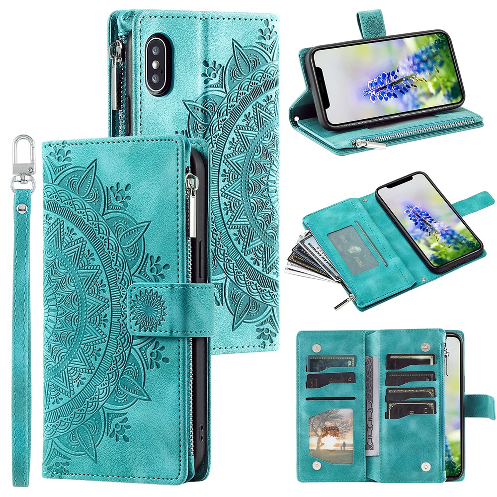 For iPhone XS Max 6.5 inch Mandala Flower Imprinted PU Leather Wallet Folio Flip Case Zipper Pocket Multiple Card Slots Stand Phone Cover with Strap - Green
