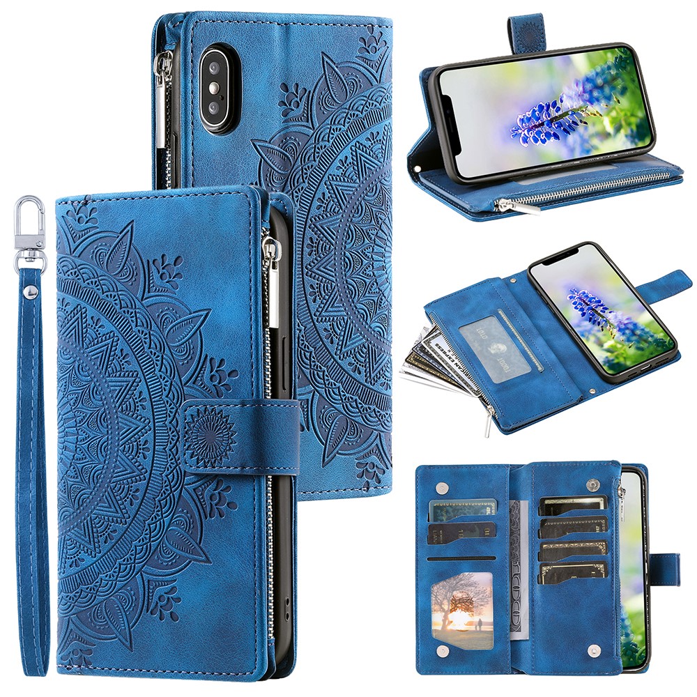 For iPhone XS Max 6.5 inch Mandala Flower Imprinted PU Leather Wallet Folio Flip Case Zipper Pocket Multiple Card Slots Stand Phone Cover with Strap - Blue